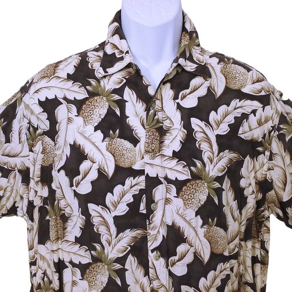 Vintage 80s Campia Moda Korea-Made Rayon Aloha Shirt -L Tropical Pineapple Palm - Picture 2 of 9